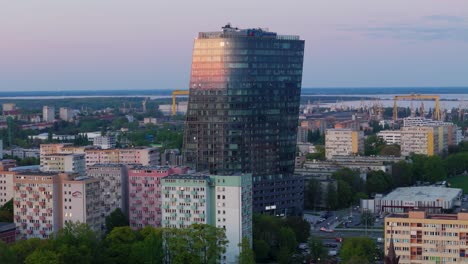 Aerial-Szczecin-city-in-Poland,-sunset-time