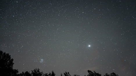 Starry-night-sky-with-bright-celestial-bodies,-tree-silhouettes-on-horizon,-serene,-timelapse