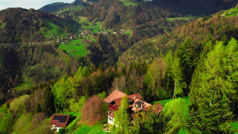 Aerial-moving-backwards-into-the-trees-and-tilting-up-over-the-rural-Swiss-countryside