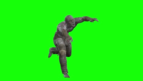 3D-männlicher-Zombie,-Der-Mit-Erhobenen-Händen-Auf-Einem-Grünen-Bildschirm-Läuft,-Nahtlose-3D-Animation,-Seitenansicht