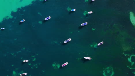 Isolated-aerial-view-of-dozens-of-boats-moored-in-the-ocean