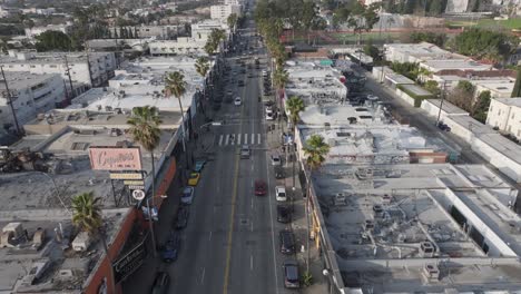 Cars-driving-along-trendy-palm-tree-lined-street,-Fairfax-district,-Canter's-in-Los-Angeles,-aerial