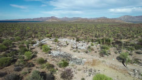 A-Sight-of-Garbage-Contaminating-the-Desert-Scenery-of-Mulege,-Baja-California-Sur,-Mexico---Aerial-Drone-Shot