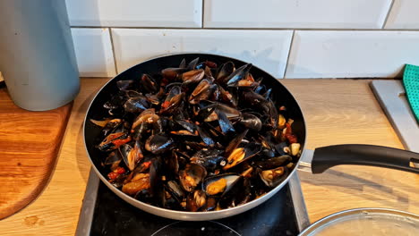 Delicious-mussels-cooked-at-home,-jaw-dropping-reek-of-tasty-seafood---closeup