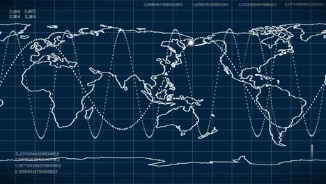 Digital,-gridded-world-map-with-satellite-trajectories-and-numerical-data,-global-navigation-and-tracking
