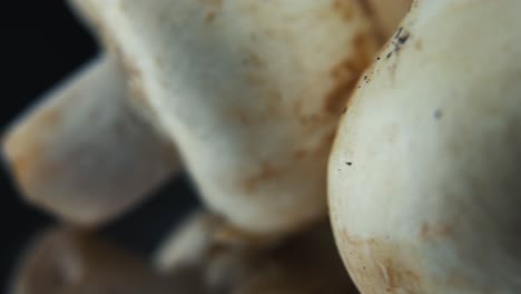 Macro-video-of-a-pile-of-mushrooms,-RAW-champignons,-WHITE-CAPS-reflection,-on-a-rotating-stand,-smooth-movement-4K