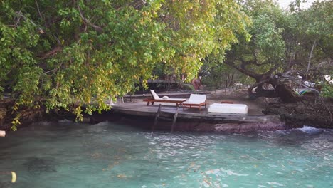 Escena-Relajante-De-Tumbonas-En-Un-Muelle,-Rodeada-De-Frondosos-árboles-Forestales,-Ambiente-Tranquilo-Y-Pacífico