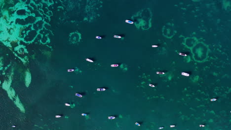 Top-down-aerial-view-of-numerous-boats-anchored-in-shallow-waters