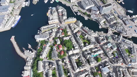 Birdseye-Aerial-View-of-Alesund,-Norway,-City-Downtown-Buildings-and-Strait-Between-Islands,-High-Angle-Drone-Shot