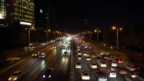 Cars-Traffic-Jam-And-Congestion-During-Night-Busy-Rush-Hour-On-Highway-In-Modern-City