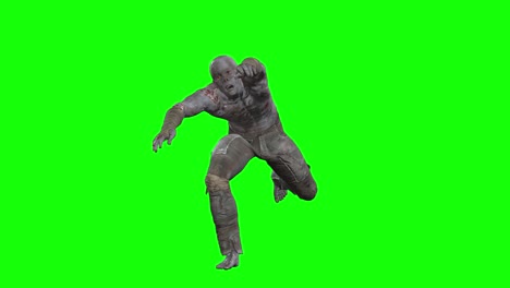 3D-männlicher-Zombie,-Der-Mit-Erhobenen-Händen-Auf-Einem-Grünen-Bildschirm-Läuft,-Nahtlose-3D-Animation,-Vorderansicht