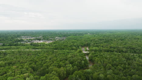 Wolf-river-flowing-through-lush-forests-in-collierville,-tennessee,-on-a-cloudy-day,-aerial-view