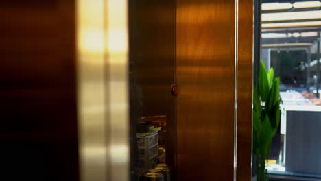 Front-view-of-stylish-and-light-restaurant-close-up-shot