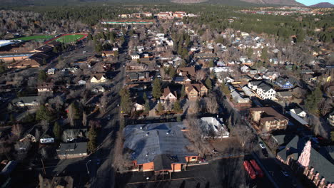 Aerial-View-of-Flagstaff-Arizona-USA-Downtown-Residential-Community,-Houses-and-Church-on-Sunny-Day