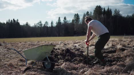 Man-Putting-Soil-Into-Wheelbarrow---Wide-Shot