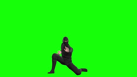 3D-Ninja-Shinobi-Charakter,-Der-Einen-Air-Kick-Auf-Einem-Greenscreen-Mit-Nahtloser-3D-Loop-Animation-Ausführt,-Vorderansicht