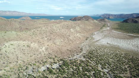 The-Arid-Desert-Landscape-of-Baja-California-Sur,-Mexico---Aerial-Pullback-Shot