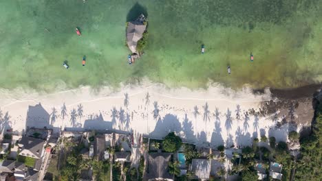 Aerial-view-looking-down-over-rock-restaurant-Zanzibar-with-palm-tree-shadows-on-white-sandy-African-resort-shoreline