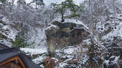 Yamadera-in-the-Snow,-Peaceful-Mountain-Temple-Since-in-Japan