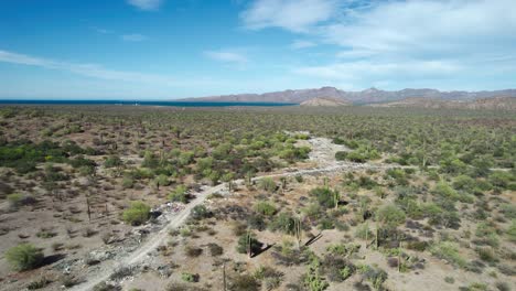 Müll-Verstreut-Am-Straßenrand-Inmitten-Der-Wüstenlandschaft-Von-Mulege,-Baja-California-Sur,-Mexiko-–-Drohne-Fliegt-Vorwärts