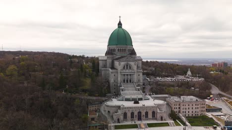 Antena-Del-Sitio-Histórico-Oratorio-De-San-José-Del-Monte-Real,-Montreal,-Drone-Gira-Alrededor-Del-Hito-De-La-Basílica-Católica-Romana