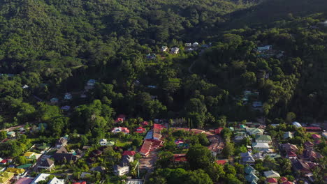 Bird's-eye-view-of-colourful-vacation-homes,-resorts-and-houses-nestled-among-lush-green-trees-and-palms