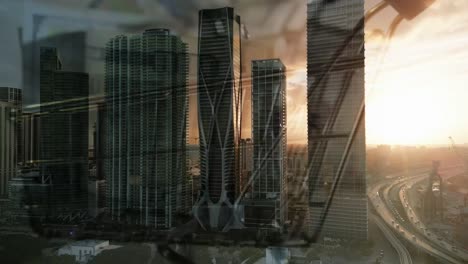 Miami-Downtown-Skyscrapers-Sunset-Highway-Drone-100-Dollar-Bills-Above-City-Town-business-concept-shot,-paper-bills-rotating-above-financial-American-Center,-Florida