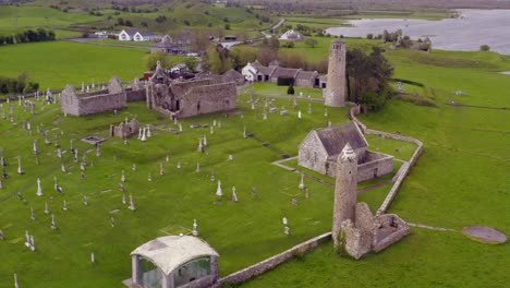 Dynamic-aerial-descends-towards-Clonmacnoise-ancient-ruins