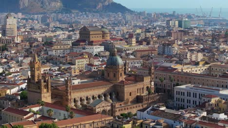 Amazing-Orbiting-Aerial-View-Above-Palermo-Cathedral-and-Teatro-Massimo-in-Sicilian-Capital-City