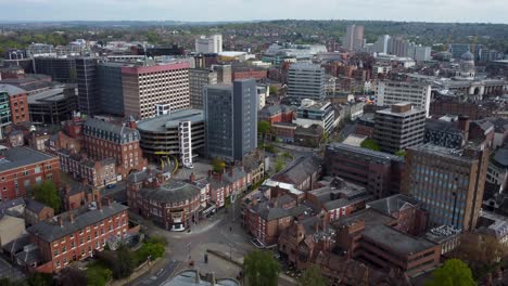 Wide-angle-establish-drone-shot-flying-over-Nottingham-City-in-England
