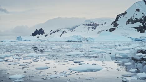 Aerial-drone-shot-of-Antarctica-Scenery-at-Sunset,-Global-Warming-Visible-with-Melting-Snow,-Climate-Change-with-Ice-Melted-from-the-Mountains,-Antarctic-Peninsula-Landscape-in-Southern-Ocean