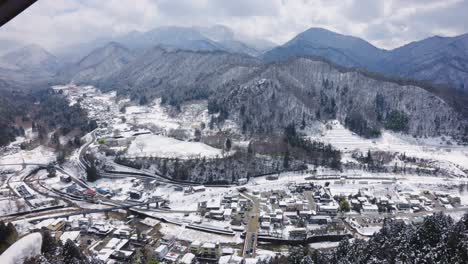 Valley-of-Yamadera-in-Northern-Tohoku-Japan,-Snow-Covered-Landscape