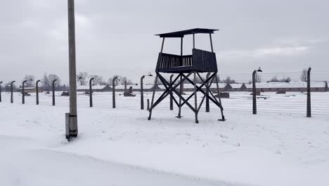 Inside-Auschwitz-Birkenau-looking-towards-guard-tower-and-destroyed-buildings---winter-with-snow