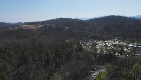 Aerial-view-of-RV-resort-nestled-in-the-Great-Smoky-Mountains-in-Pigeon-Forge,-Tennessee