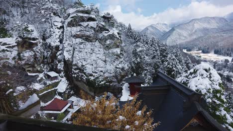 Yamagata-Mountain-Temple-Yamadera-Looking-over-Snowy-Valley-in-Japan