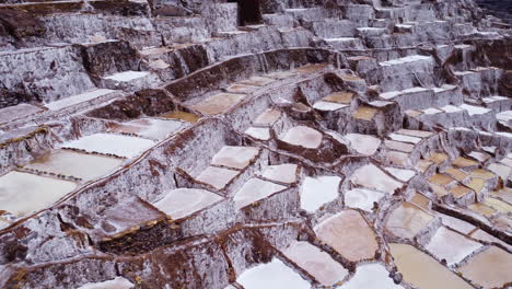 Minas-De-Sal-De-Maras-En-El-Valle-Sagrado-Del-Perú,-órbita-Aérea-De-Piscinas-Con-Patrones-Texturizados