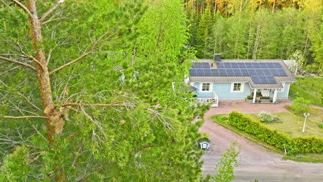Aerial-tracking-shot-revealing-a-self-sustainable-house,-summer-in-rural-Finland