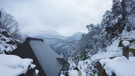 Japanese-Winter-Landscape-in-Tohoku,-Northern-Yamagata-Prefecture,-Temple-Scene