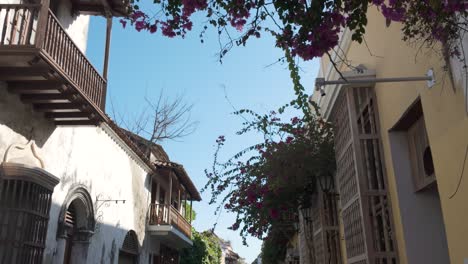 Caminando-Por-Una-Calle-Tradicional-Con-Edificios-Antiguos-Y-Flores-En-Cartagena,-Colombia