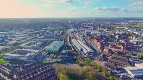 City-panorama-of-Derby,-UK-Warehouses-and-businesses-are-stretched-along-the-railway