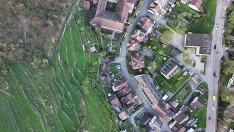 Vogelperspektive-Des-Walensees-Wessen,-Schweiz-Von-Oben-Zeigt-Straßen-Mit-Fahrenden-Fahrzeugen,-Seitlich-Berge-Mit-Grünem-Gras-Und-Häusern