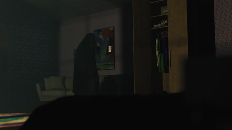 Bedroom-horror-scene,-monster-gliding-through-the-room-with-a-lantern,-opening-wardrobe,-passing-cars-light-through-the-window,-very-high-bitrate-4k-night-scene