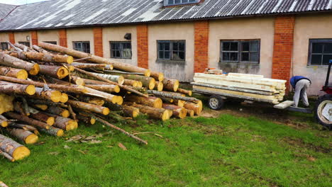 Two-workers-outside-at-sawmill-with-load-of-wooden-planks-and-pine-tree-logs-stacked-on-ground