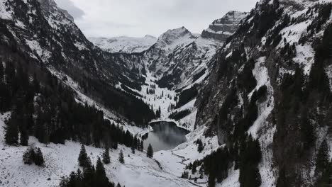 Inclinación-Hacia-Abajo-Revela-Un-Pequeño-Lago-Entre-Una-Gran-Cadena-Montañosa-Cubierta-De-Nieve-Y-árboles-De-Hoja-Perenne