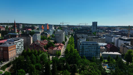 Aerial-tracking-shot-of-Kyttala-and-Jussinkyla-districts-of-Tampere,-Finland