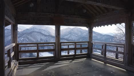 Yamadera-Temple-in-the-Mountains-of-Japan,-Zen-Lookout-with-Winter-Landscape