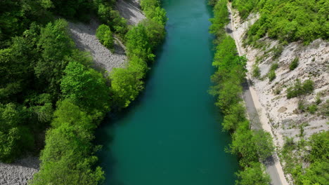 Bird's-eye-view-of-a-green-river-cutting-through-a-thick-forest,-showcasing-the-vibrant-colors-of-early-spring