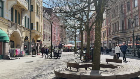Szene-Von-Menschen,-Die-Auf-Der-Fußgängerzone-Södra-Forstadsgatan-Hauptstraße-In-Malmö,-Schweden,-Spazieren