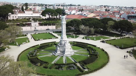 Belem,-Afonso-de-Albuquerque's-Statue's-drone-footage-starts-from-left-hand-side-and-moves-slowly-towards-right-from-a-perfect-angle-where-full-size-of-the-statue-and-the-park-around-it-can-be-seen