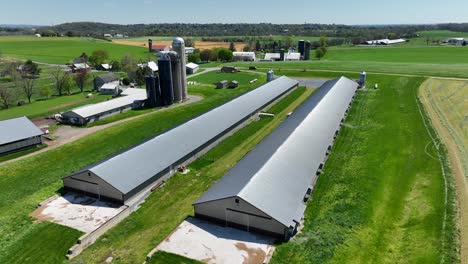 Aerial-view-of-a-large-farm-with-long,-modern-barns,-silos,-and-lush-green-fields-in-a-rural-landscape